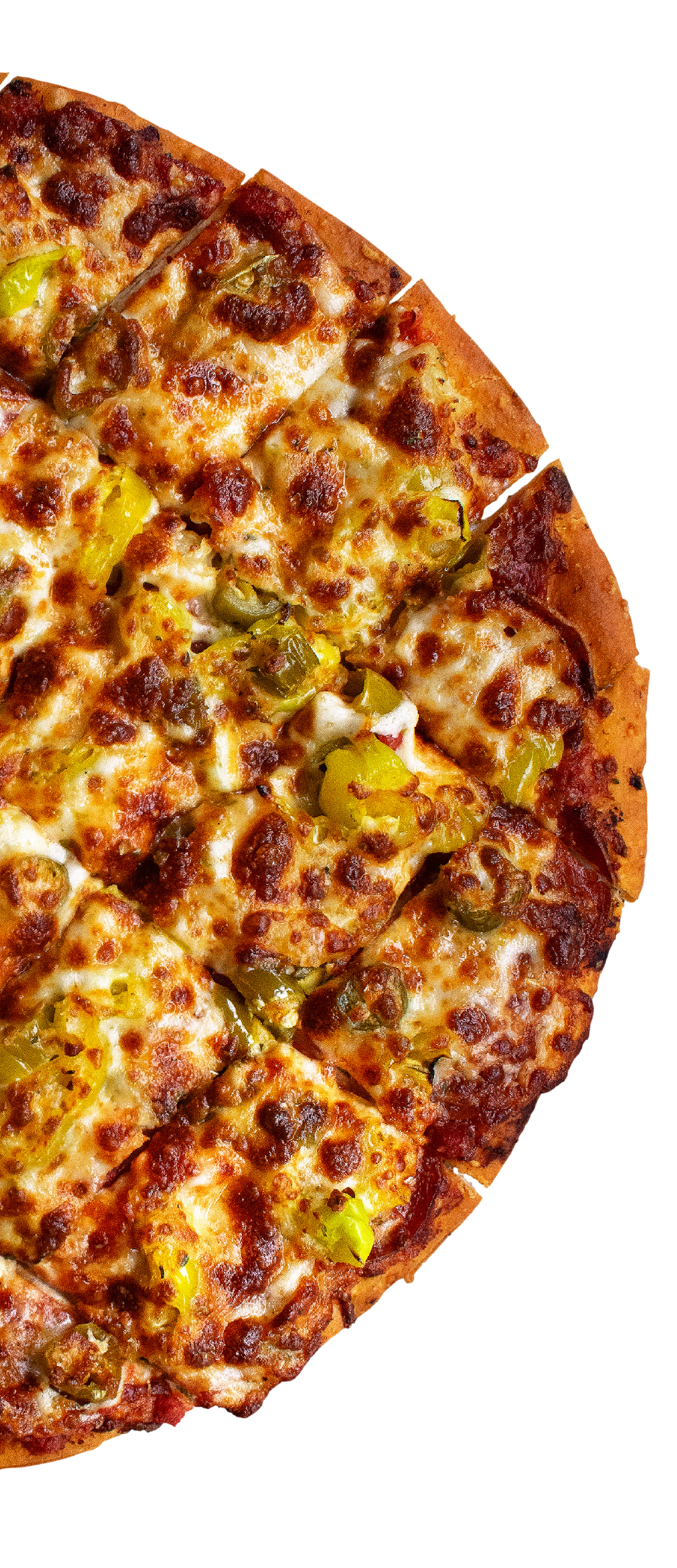 Close-up of sliced pizza with green peppers